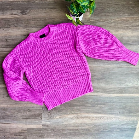 Lumière Small Bright Fuchsia Chunky Knit Balloon Sleeve Sweater - Picture 2 of 12